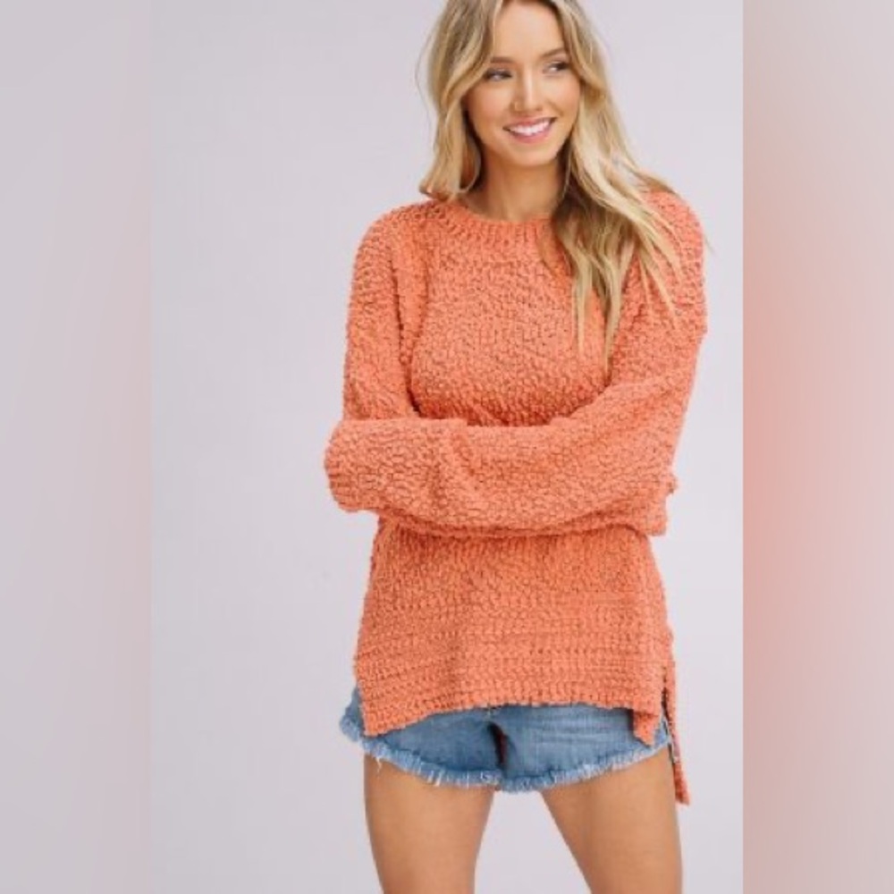 FUZZY KNITTED SWEATER WITH SHERPA FLEECE BRICK COLOR